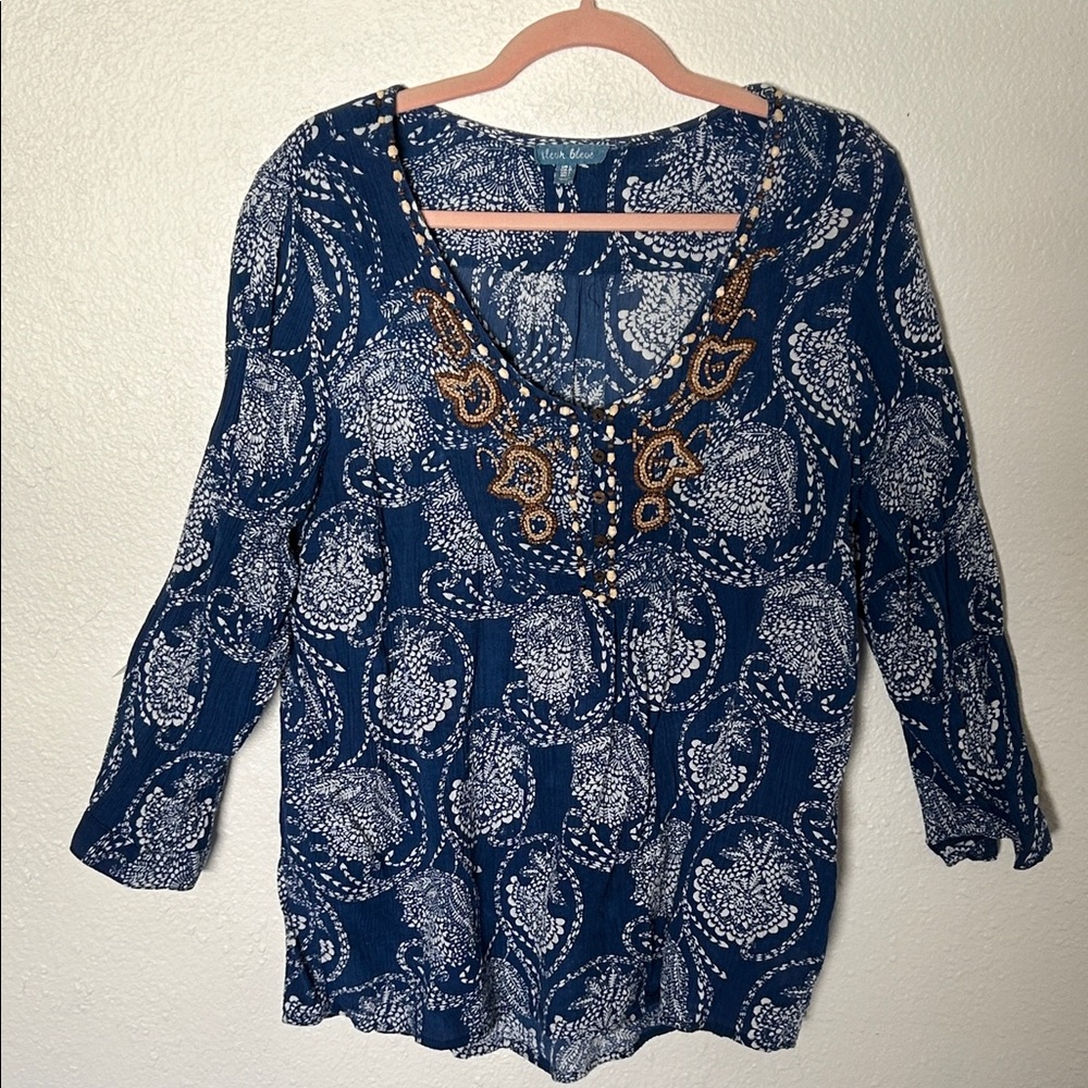 Fleur Bleue Boho top blue white paisley with wooden seed beads  large
